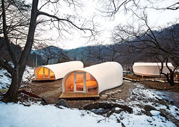 Doughnut and worm shaped glamping tents in Yang-Pyeong, South Korea